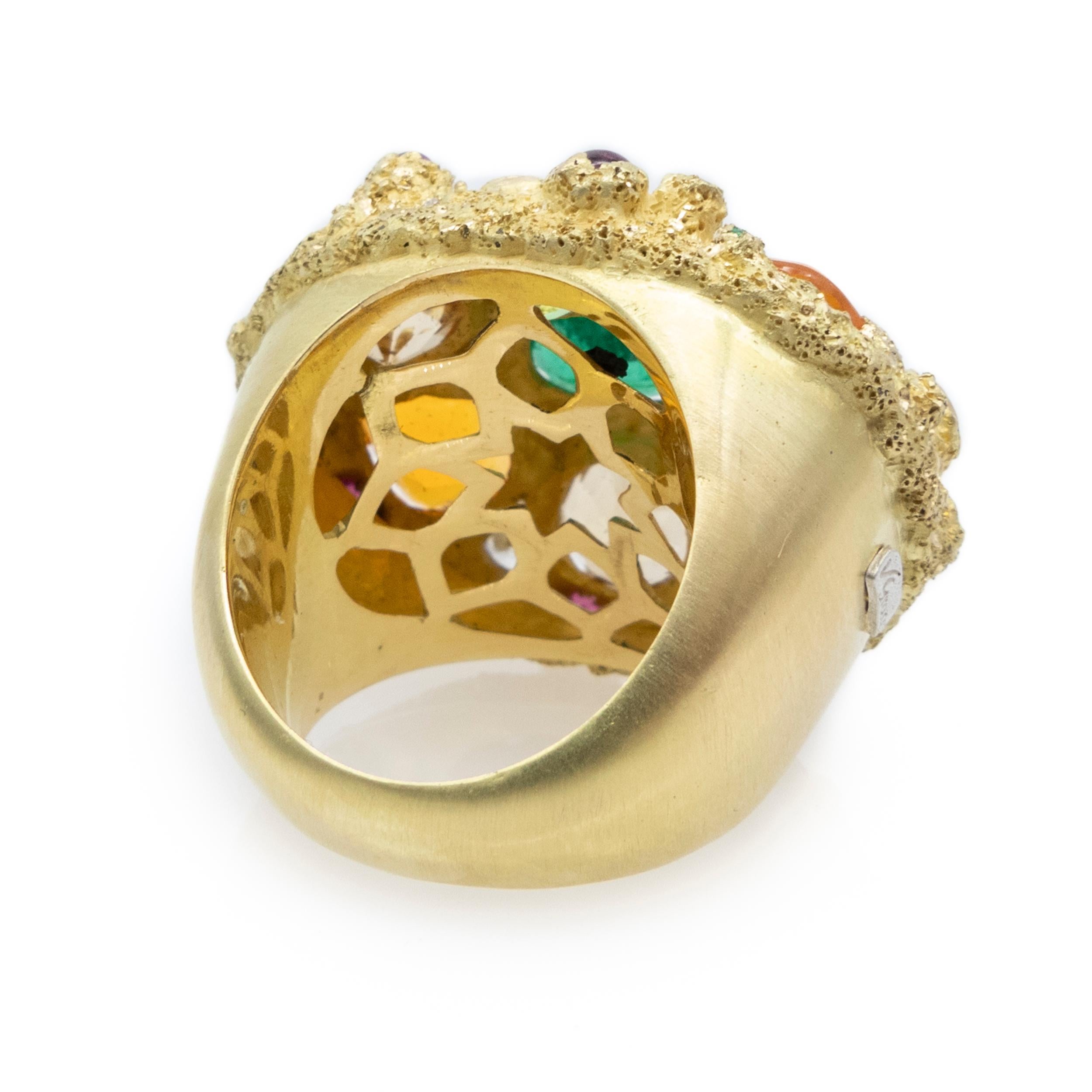 Women's Yellow Gold Ring Emerald Beryl Champagne Peridot Mint Fire Opal Rubies Diamonds For Sale