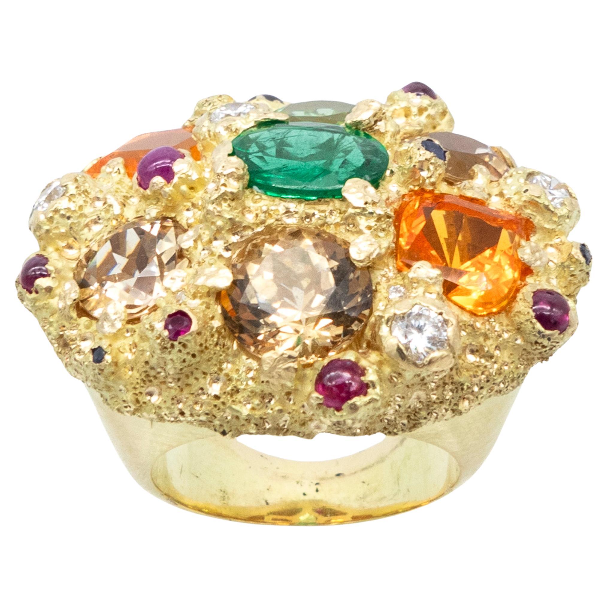 Yellow Gold Ring Emerald Beryl Champagne Peridot Mint Fire Opal Rubies Diamonds For Sale