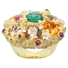 Used Yellow Gold Ring Emerald Beryl Champagne Peridot Mint Fire Opal Rubies Diamonds