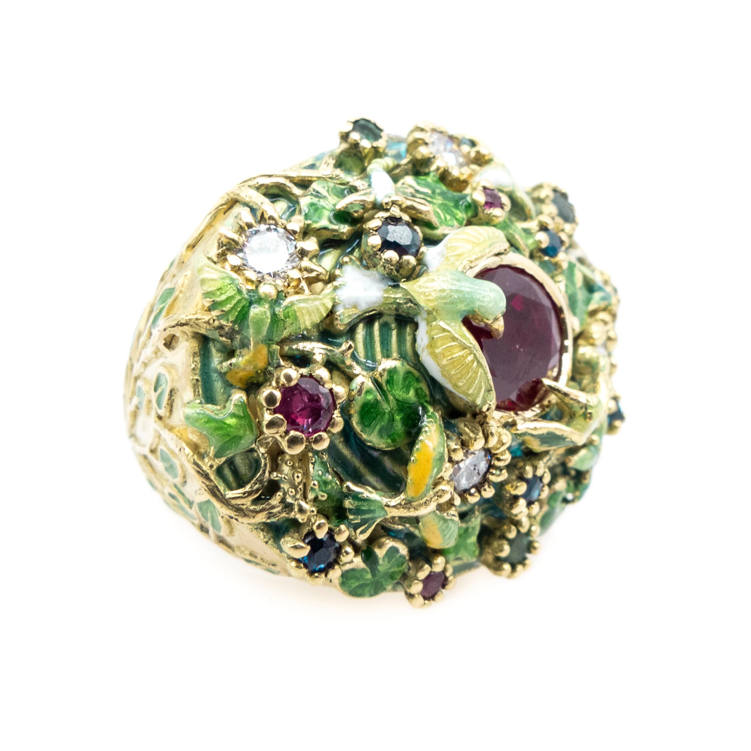 Modern Yellow Gold Ring Enamels Central Ruby Diamonds Sapphires Emeralds Rubies Birds For Sale