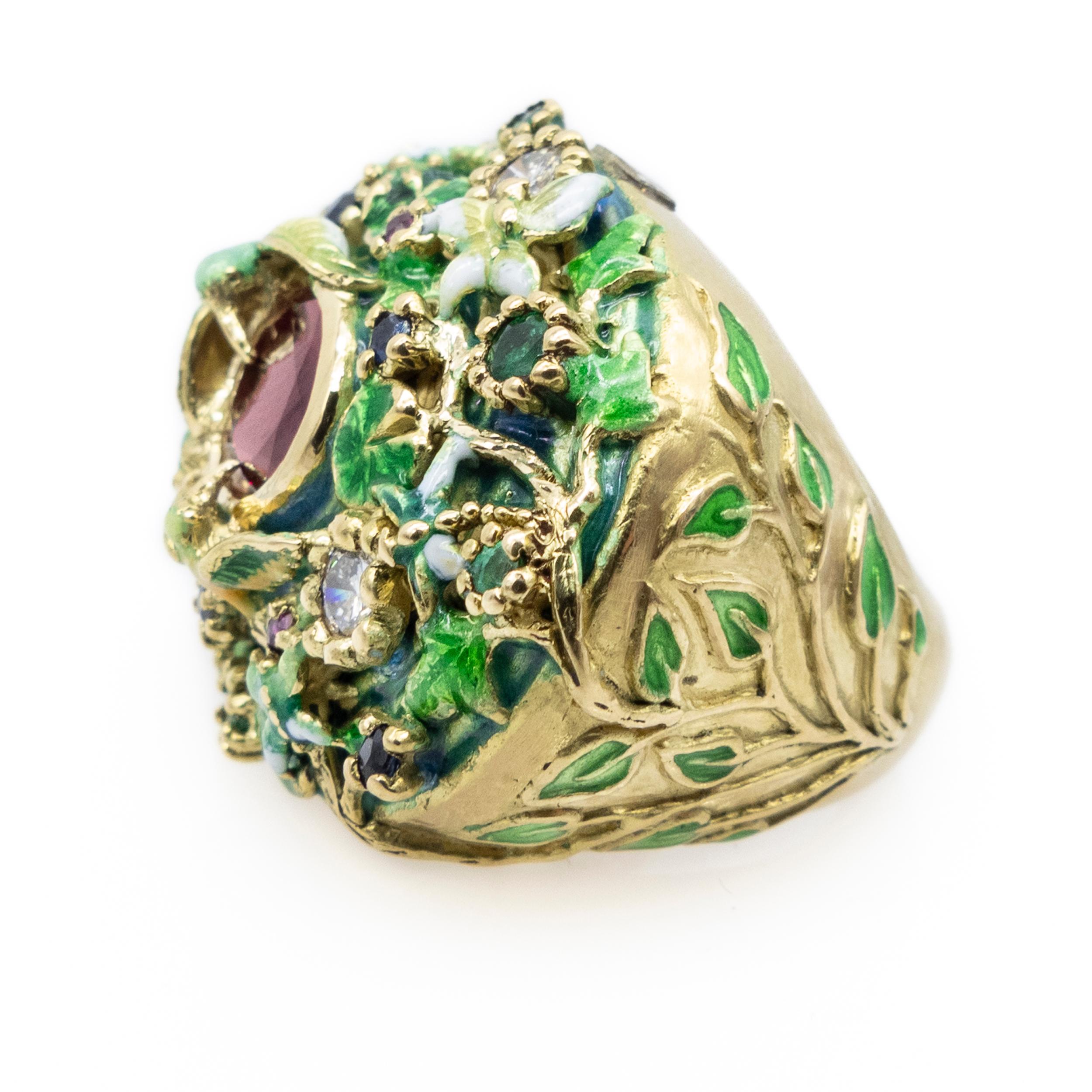 Oval Cut Yellow Gold Ring Enamels Central Ruby Diamonds Sapphires Emeralds Rubies Birds For Sale