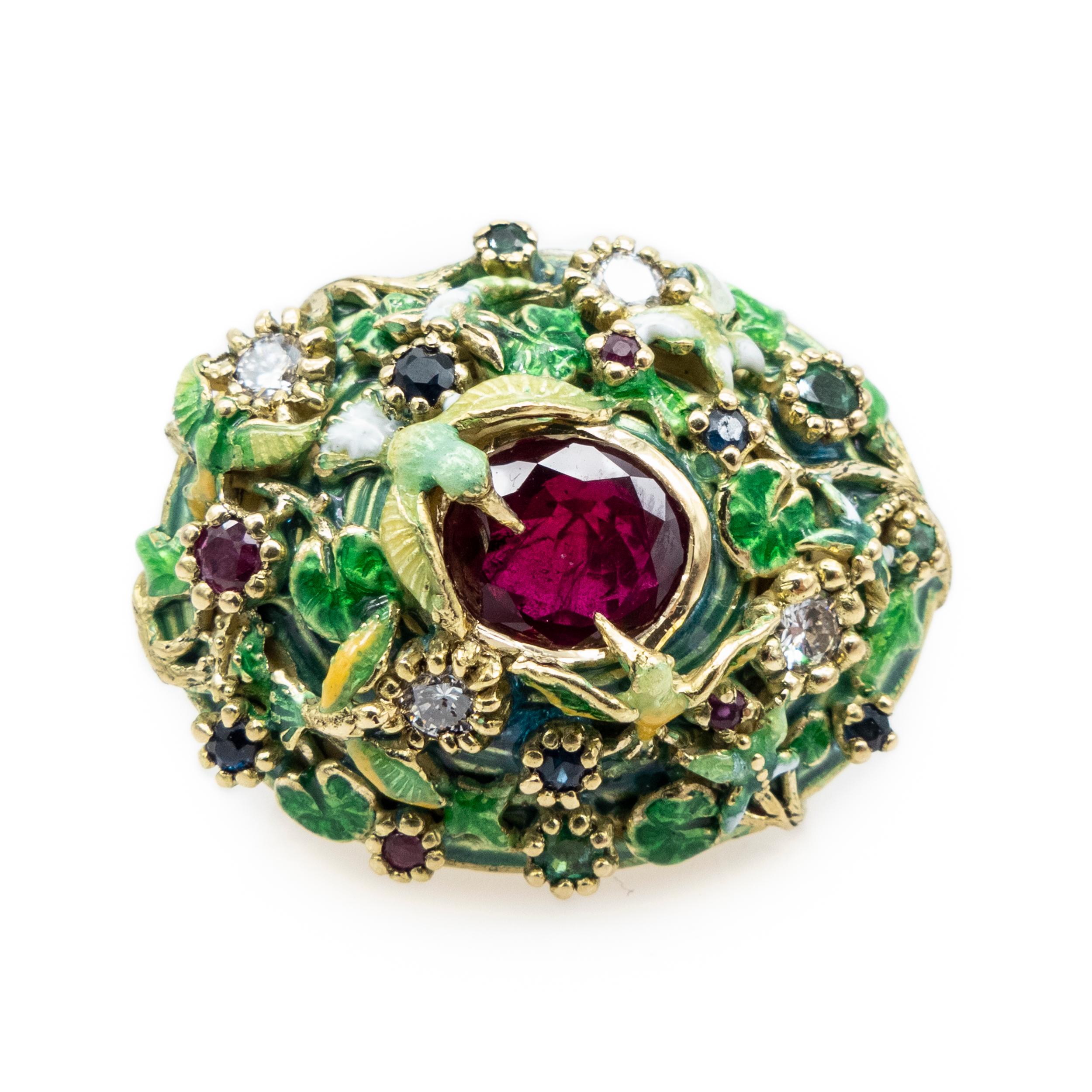 Yellow Gold Ring Enamels Central Ruby Diamonds Sapphires Emeralds Rubies Birds In New Condition For Sale In Valencia, ES