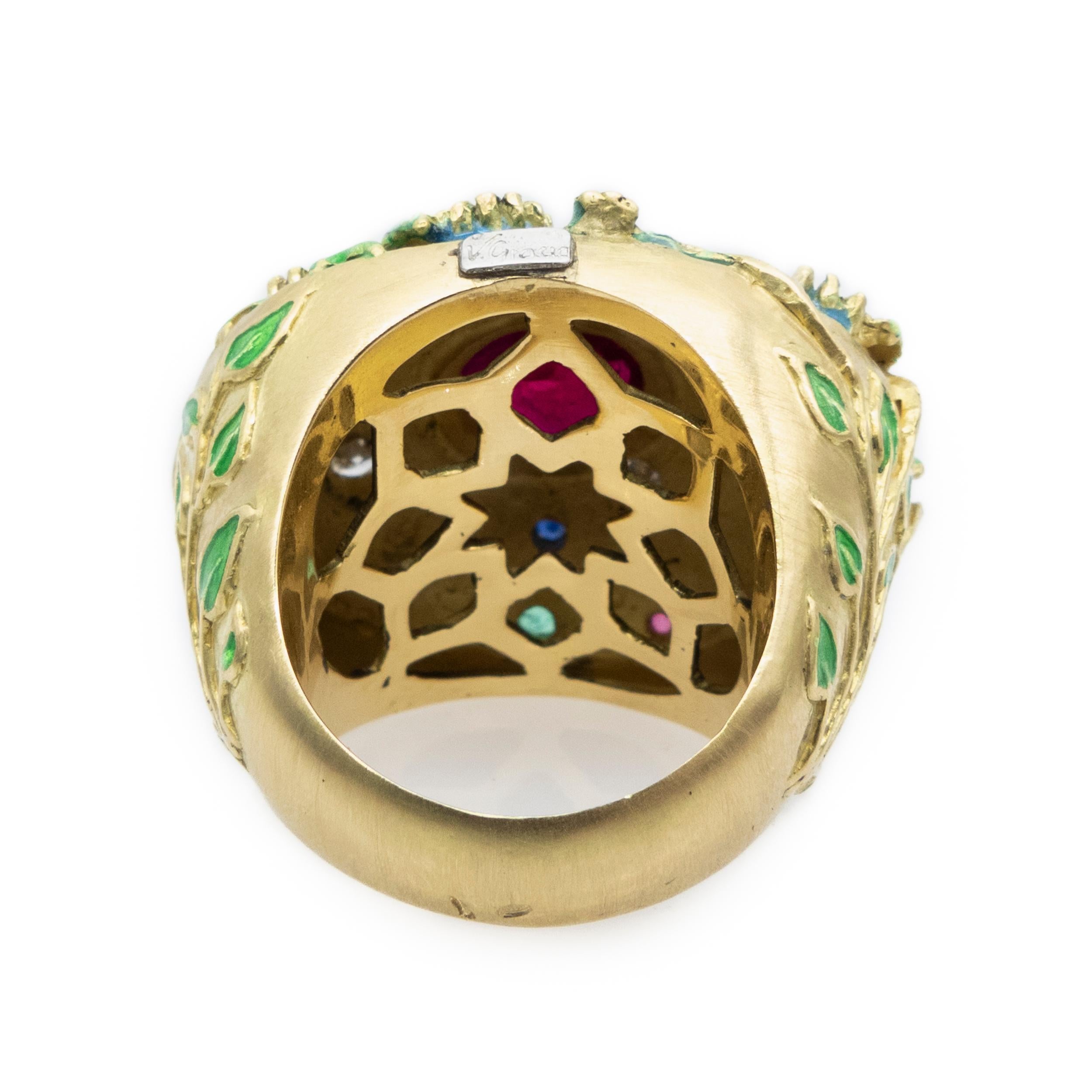 Women's Yellow Gold Ring Enamels Central Ruby Diamonds Sapphires Emeralds Rubies Birds For Sale