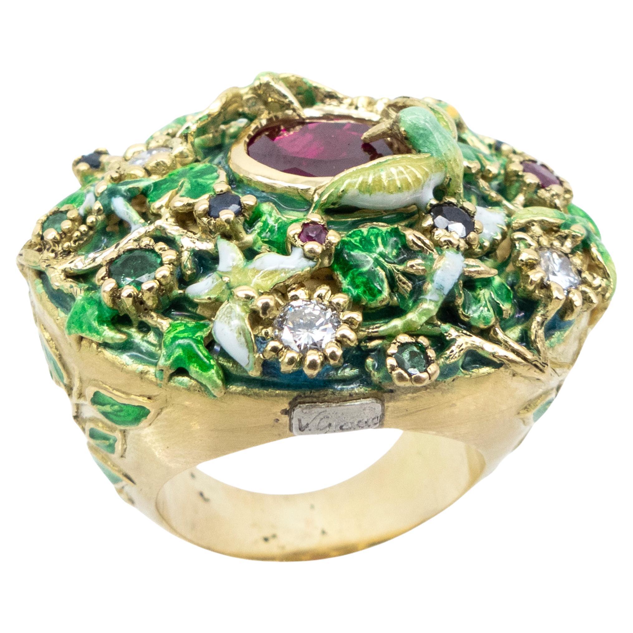 Yellow Gold Ring Enamels Central Ruby Diamonds Sapphires Emeralds Rubies Birds For Sale