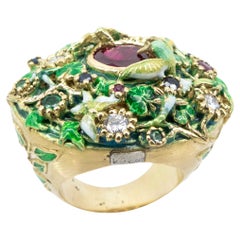 Used Yellow Gold Ring Enamels Central Ruby Diamonds Sapphires Emeralds Rubies Birds