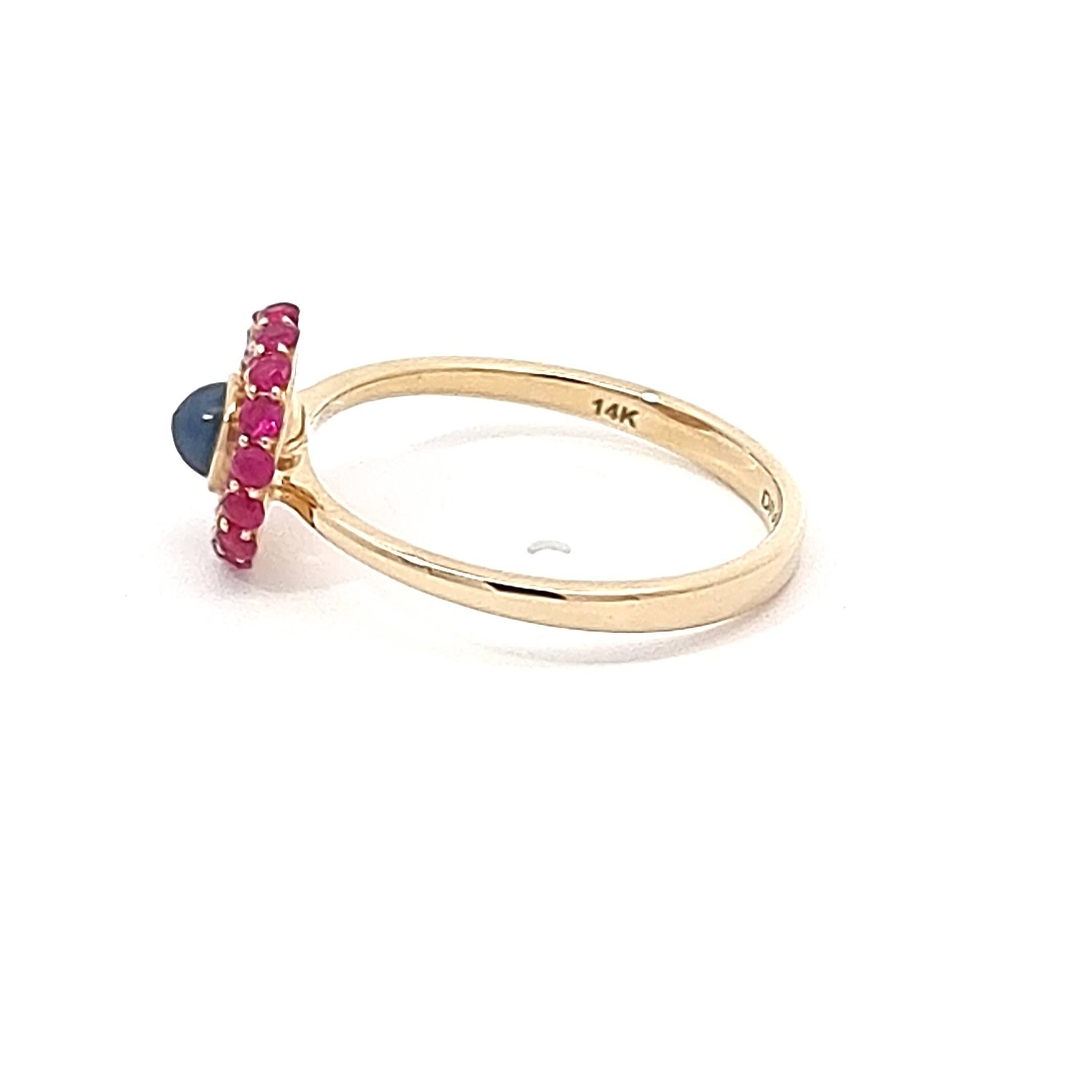 Women's Yellow Gold Ring in 14K with Cabochon Blue Sapphire and Round Rubies For Sale