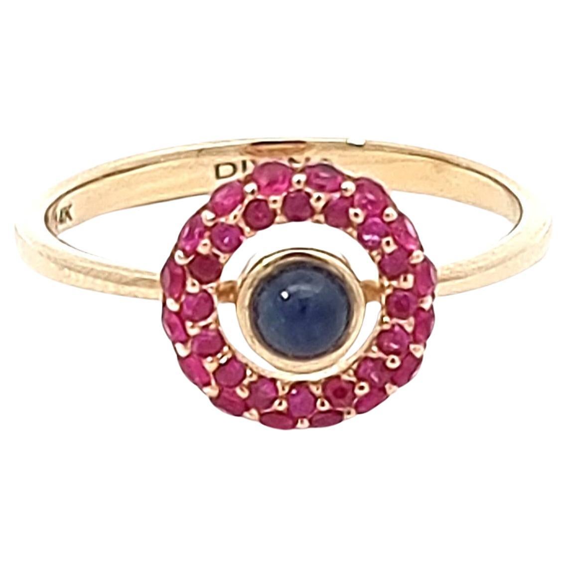 Yellow Gold Ring in 14K with Cabochon Blue Sapphire and Round Rubies For Sale