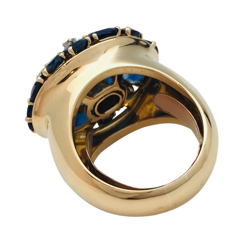 Post-War Yellow Gold Ring, Sapphires and Diamonds For Sale