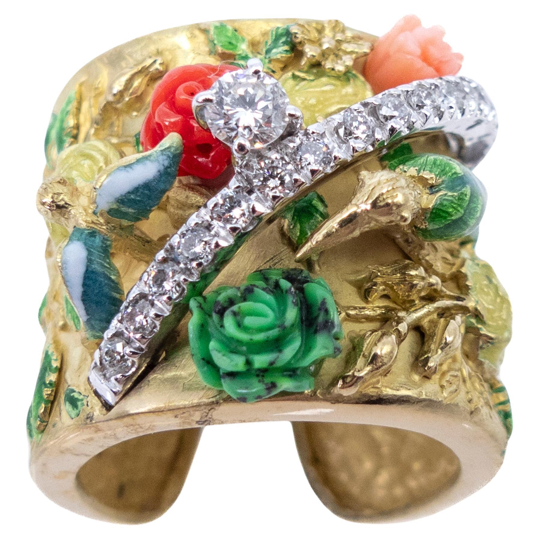 Yellow Gold Ring White Gold Diamonds Enamels Green Turquoise Coral Roses Tulip
