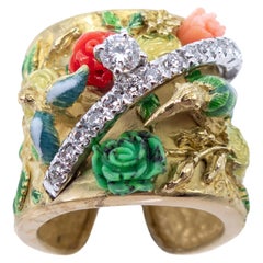 Anello in oro giallo Oro bianco Diamanti Smalti Verde Turchese Corallo Rose Tulipano