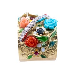 Yellow Gold Ring White Gold Diamonds Enamels Rubies Sapphires Emerald Turquoise