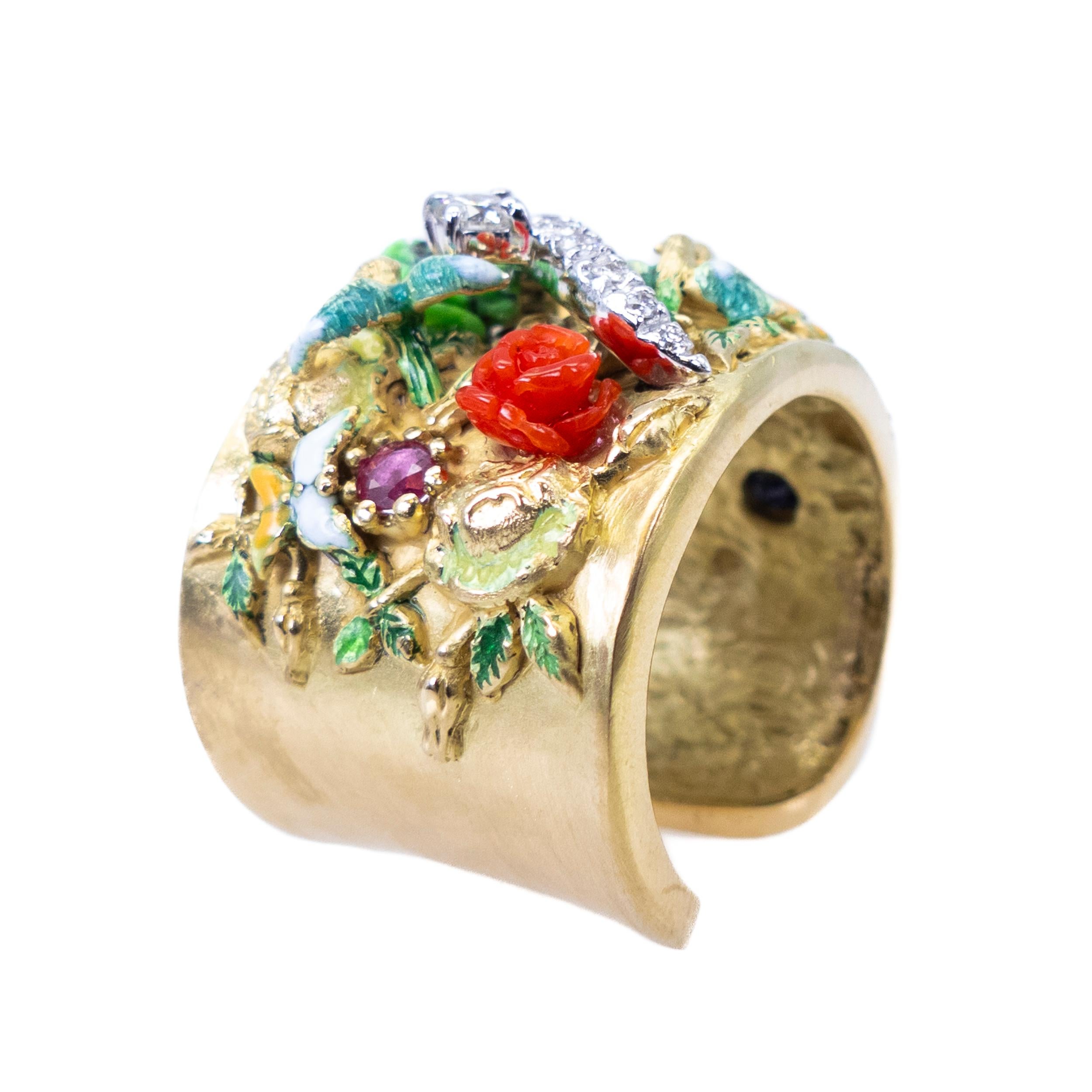 Yellow Gold Ring White Gold Diamonds Enamels Ruby Sapphire Emerald Turquoise Coral 

Ring in 18k yellow gold, white gold with diamonds, ruby, sapphire, emerald, roses carved in red coral and green turquoise. Tulip carved in angel skin