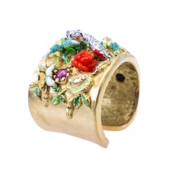 Yellow Gold Ring White Gold Diamonds Enamels Ruby Sapphire Emerald Turquoise