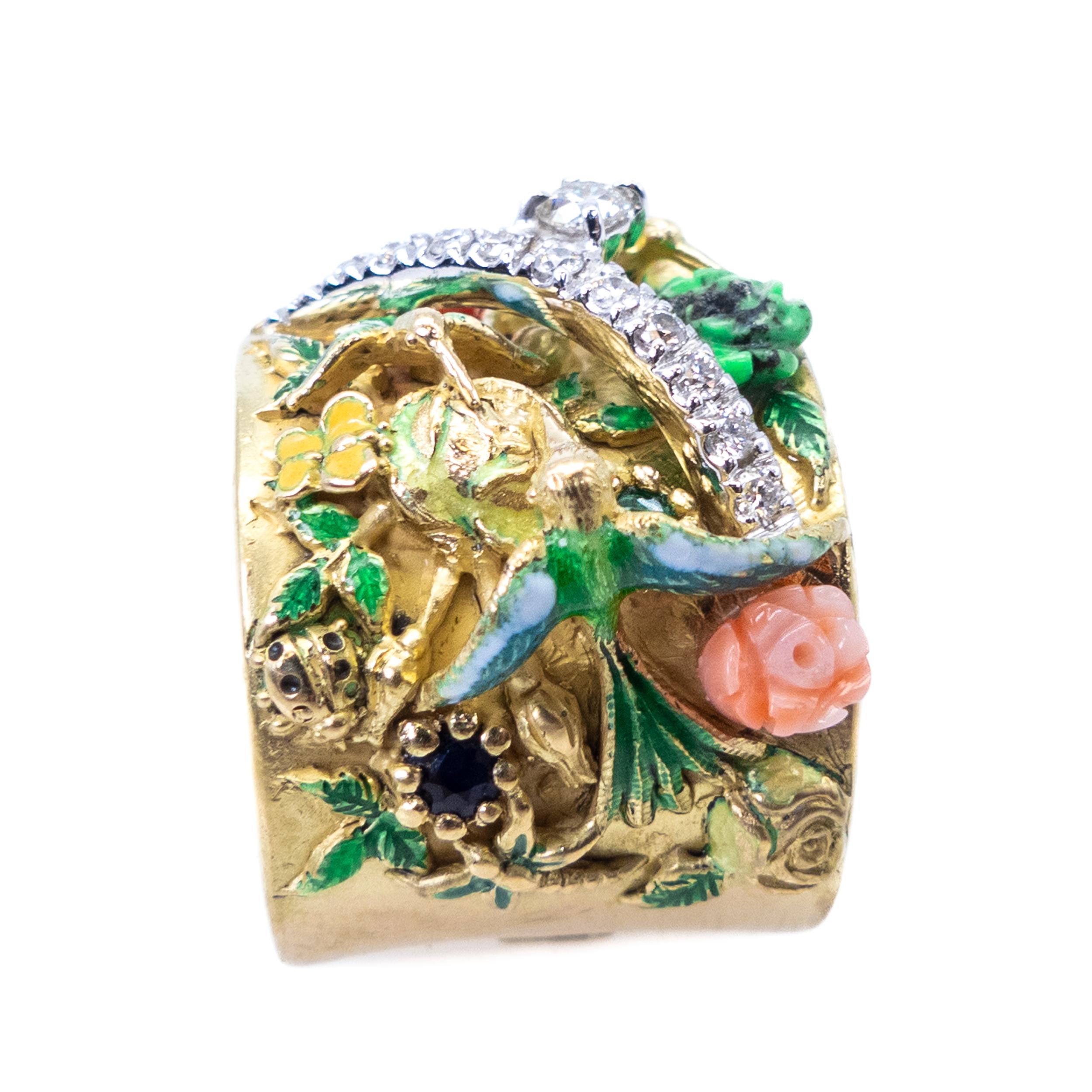 Modern Yellow Gold Ring White Gold Diamonds Enamels Ruby Sapphire Emerald Turquoise