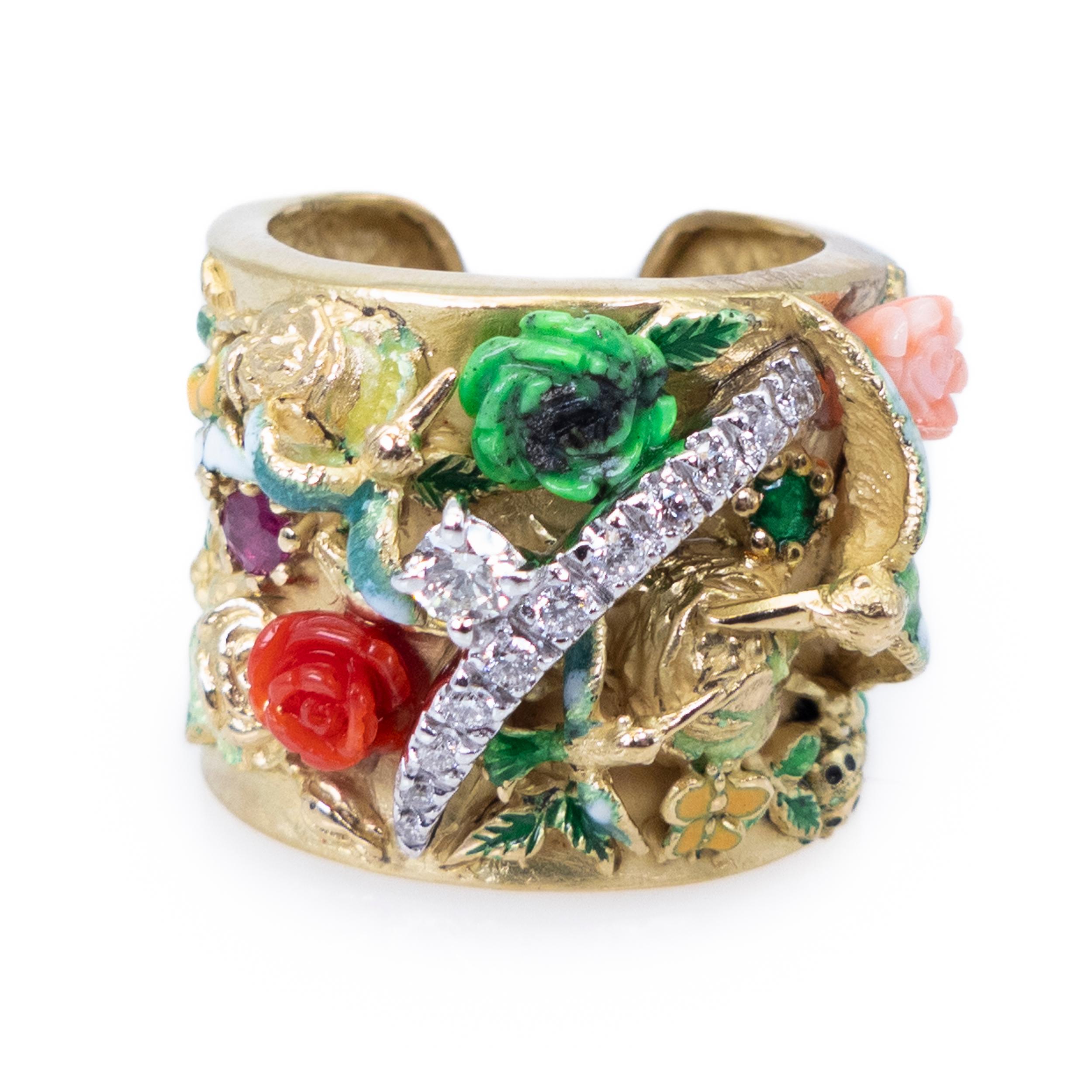 Brilliant Cut Yellow Gold Ring White Gold Diamonds Enamels Ruby Sapphire Emerald Turquoise