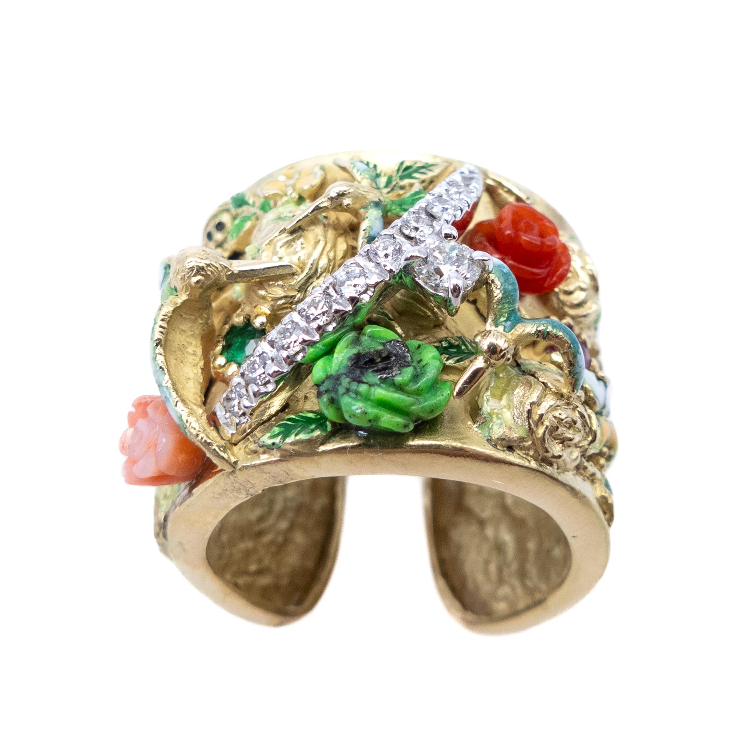Yellow Gold Ring White Gold Diamonds Enamels Ruby Sapphire Emerald Turquoise In New Condition In Valencia, ES