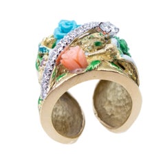 Yellow Gold Ring White Gold Diamonds Enamels Ruby Turquoise Roses Tulip Birds