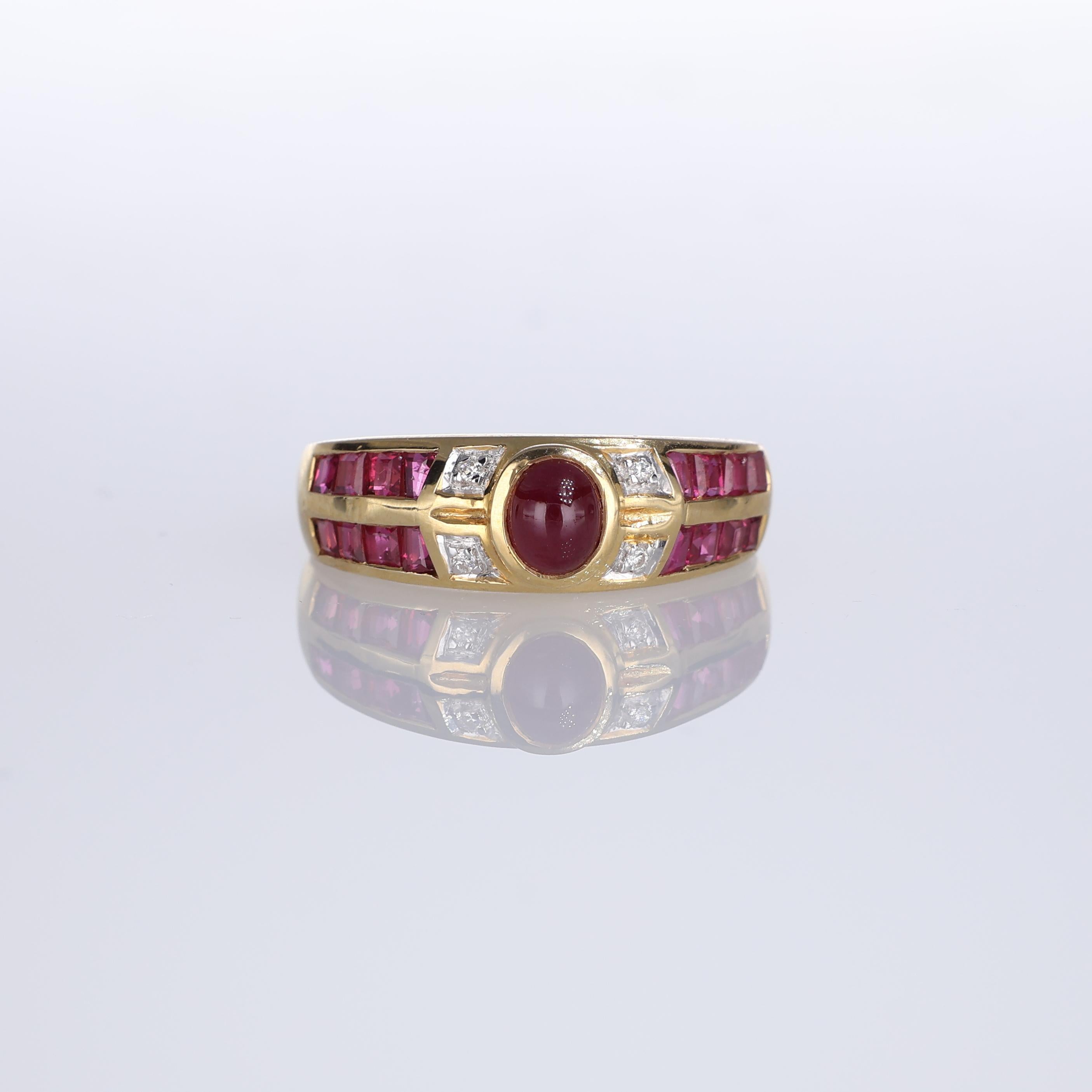 IMPORTANT NOTE:
✔ No additional costs will be added to this order.
✔ Shipping and customs duties are fully covered by us.
--------------------
A refined yellow gold 18K ring featuring a central cabochon ruby that radiates natural brilliance. The