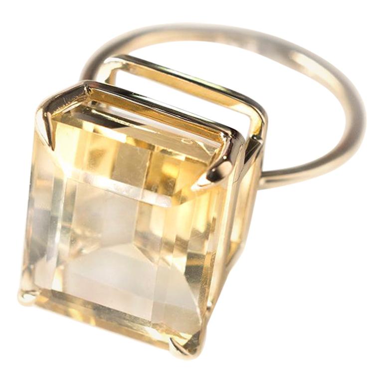 Eighteen Karat Yellow Gold Ring with Emerald Cut Shape Citrine For Sale