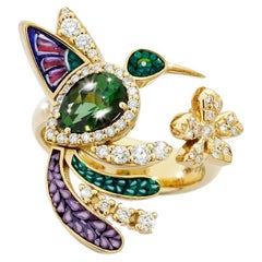 Anillo de Oro Amarillo con Turmalina Verde, Diamantes Blancos y Micromosaico