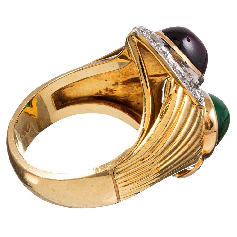 Pear Cut Yellow Gold Ring with Pear Cabochon Green & Pink Tourmaline Ring with Diamonds