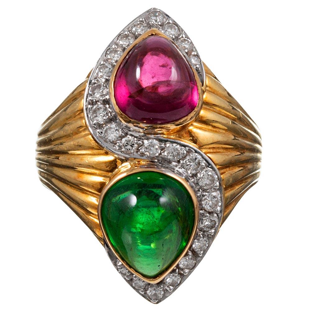 Yellow Gold Ring with Pear Cabochon Green & Pink Tourmaline Ring with Diamonds