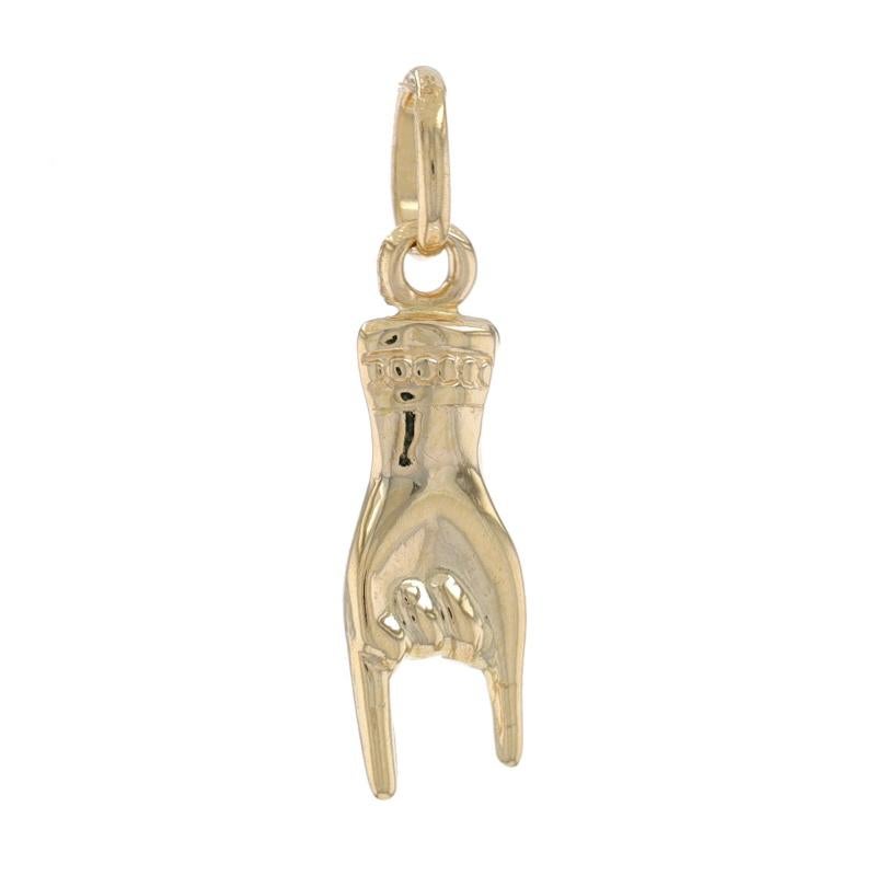 Metal Content: 14k Yellow Gold

Theme: Rock 'n' Roll, Rock On Hand, Sign Language
Features: Hollow Construction

Measurements
Tall (from stationary bail): 3/4