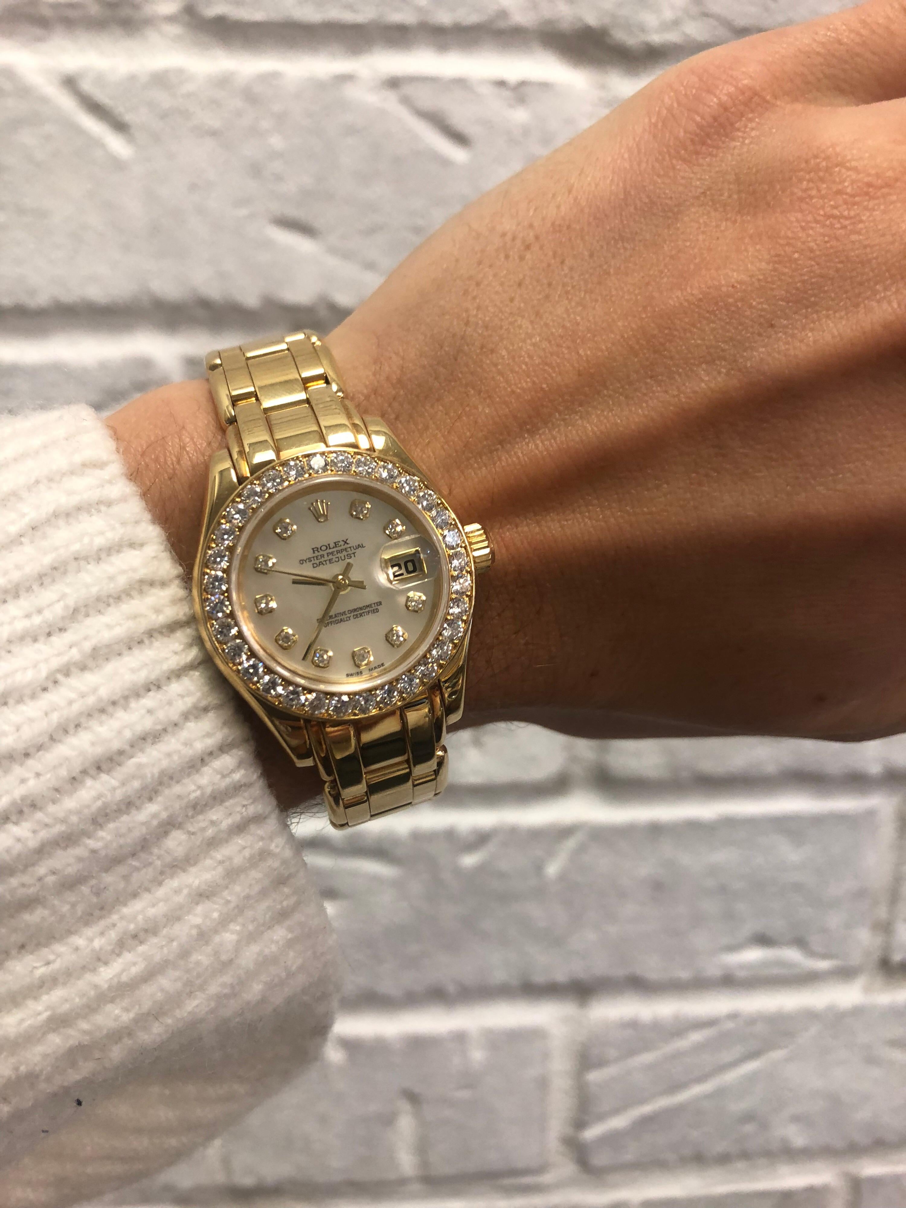 Contemporary Yellow Gold Rolex Pearlmaster Mother of Pearl Diamond Dial with Diamond Bezel