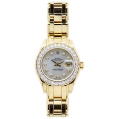 Yellow Gold Rolex Pearlmaster Mother of Pearl Diamond Dial with Diamond Bezel
