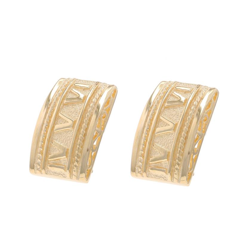 Yellow Gold Roman Numeral Rope Large Stud Earrings - 14k Curved Pierced In Excellent Condition For Sale In Greensboro, NC