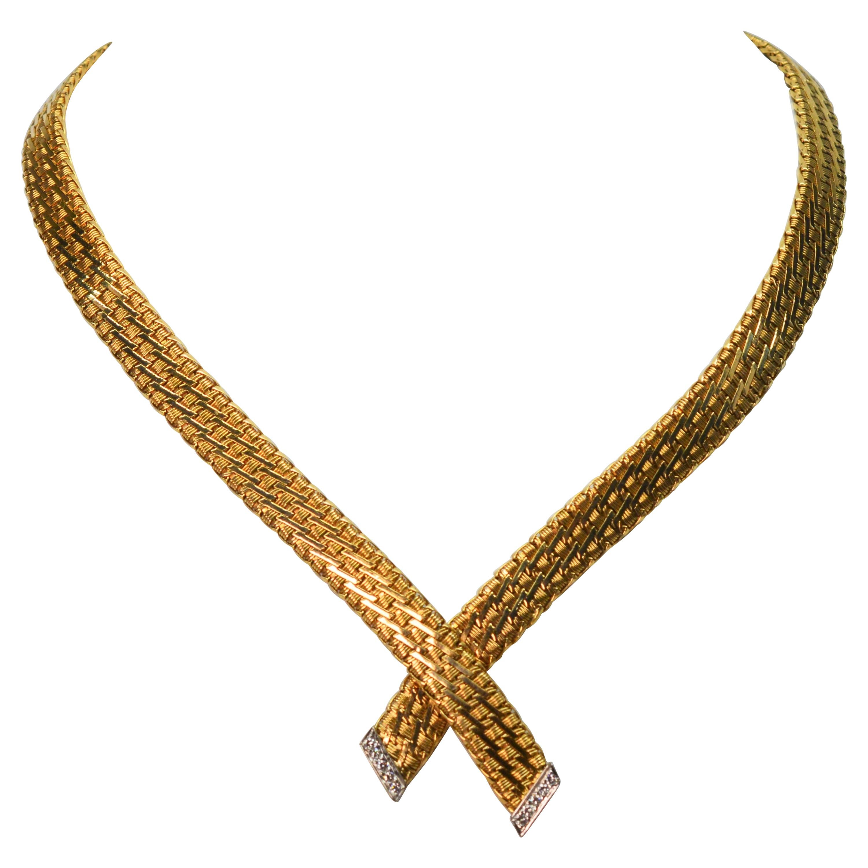 Yellow Gold Rope Bow Tie Choker Necklace with Diamond White Gold Accents