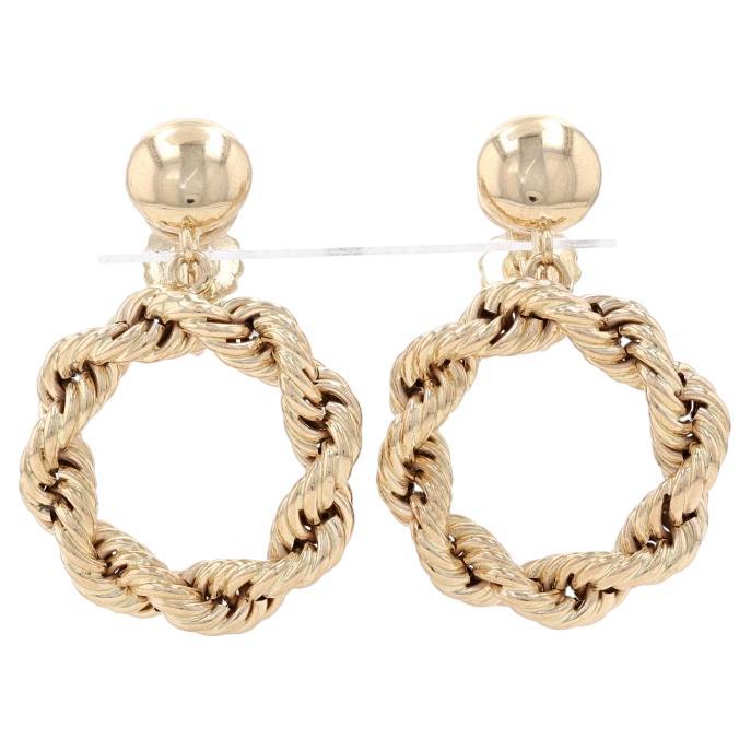 Yellow Gold Rope Chain Circle Dangle Earrings - 14k Hoops Non-Pierced For Sale