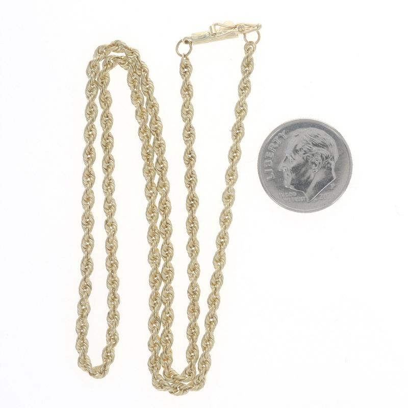 Metal Content: 14k Yellow Gold

Chain Style: Rope
Necklace Style: Chain
Fastening Type: Tube Box Clasp with Side Safety Clasp
Features: Etched detailing on clasp

Measurements

Length: 16