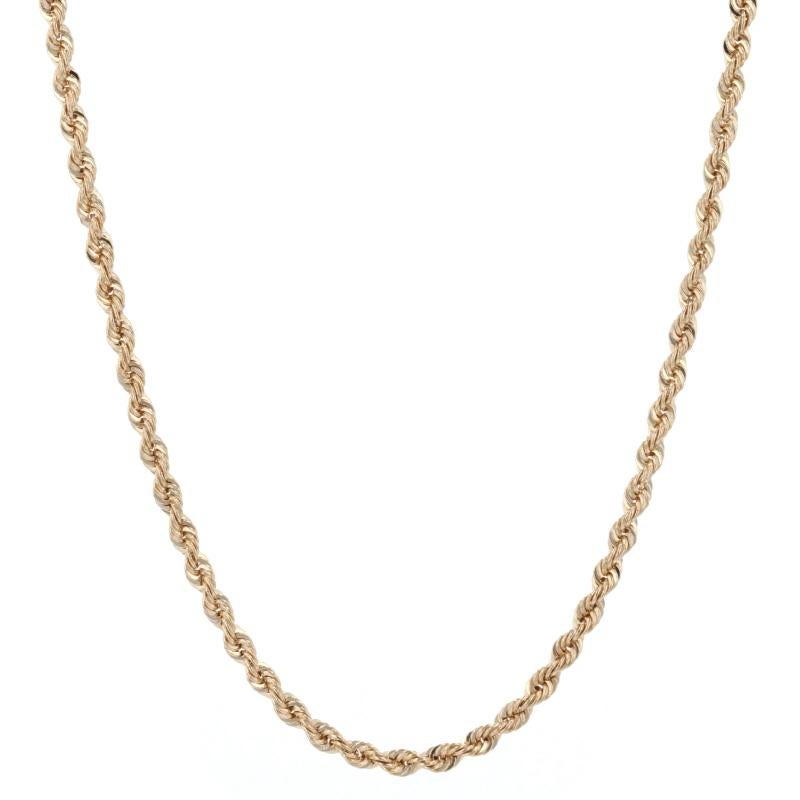 Metal Content: 14k Yellow Gold

Chain Style: Rope
Necklace Style: Chain
Fastening Type: Tube Box Clasp with One Side Safety Clasp

Measurements
Length: 18