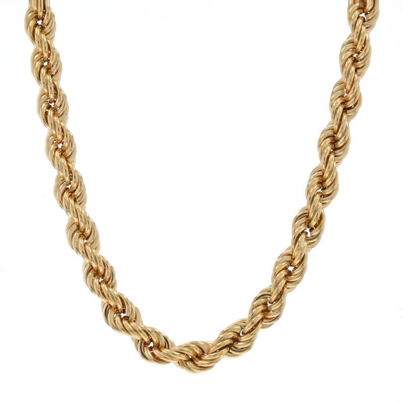 Metal Content: 14k Yellow Gold

Chain Style: Rope
Necklace Style: Chain
Fastening Type: Tab Box Clasp with One Side Safety Clasp
Features: Hollow link construction for comfortable, all-day wear

Measurements

Length: 18