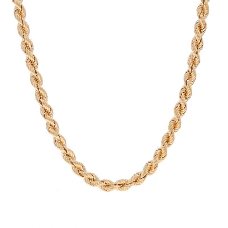 Metal Content: 14k Yellow Gold

Chain Style: Rope
Necklace Style: Chain
Fastening Type: Lobster Claw Clasp
Features: Hollow chain construction for comforable, all-day wear

Measurements

Length: 24