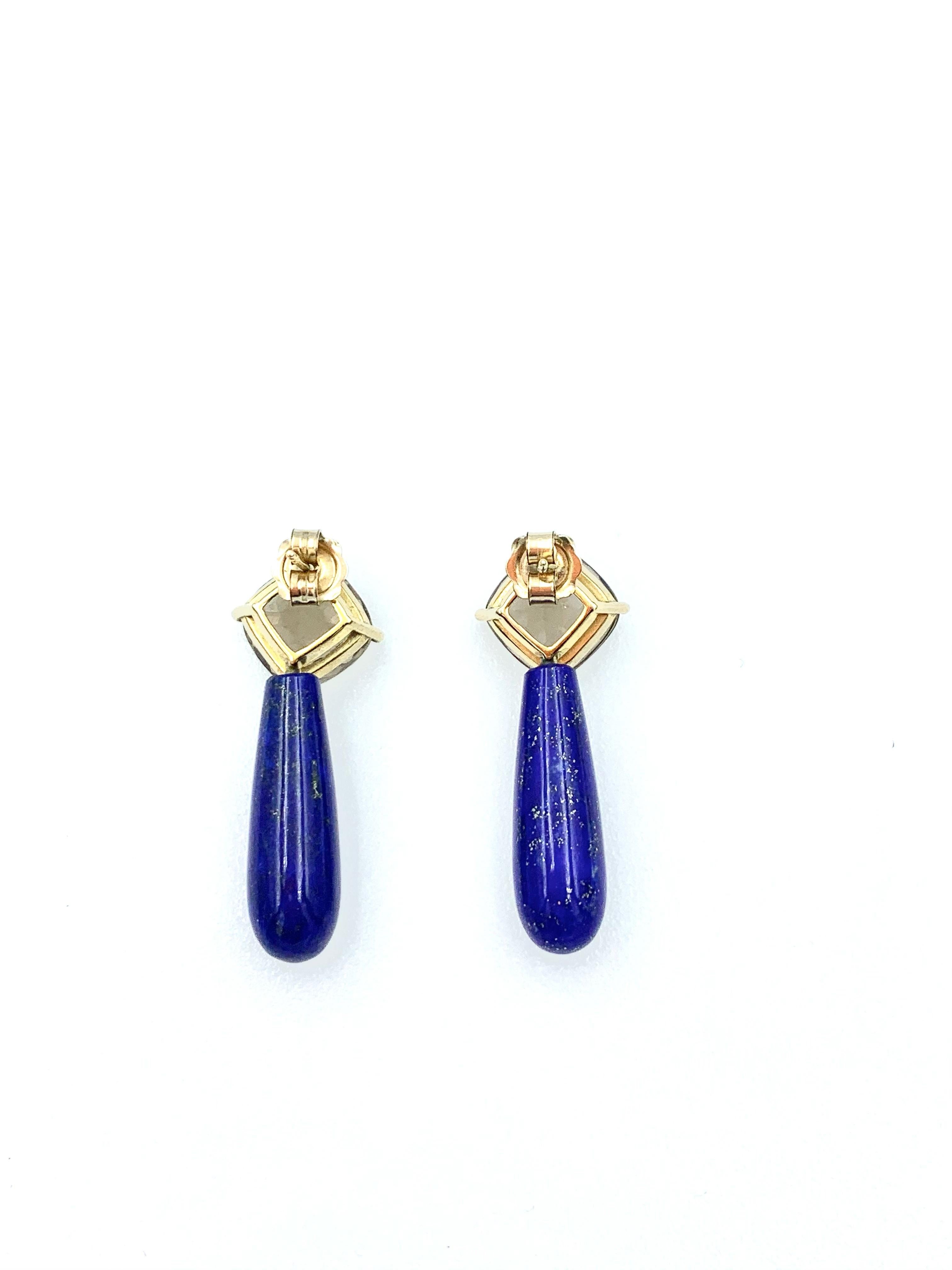 Contemporary Yellow Gold Rose Cut Smokey Quartz and Lapis Lazuli Smooth Briolette For Sale