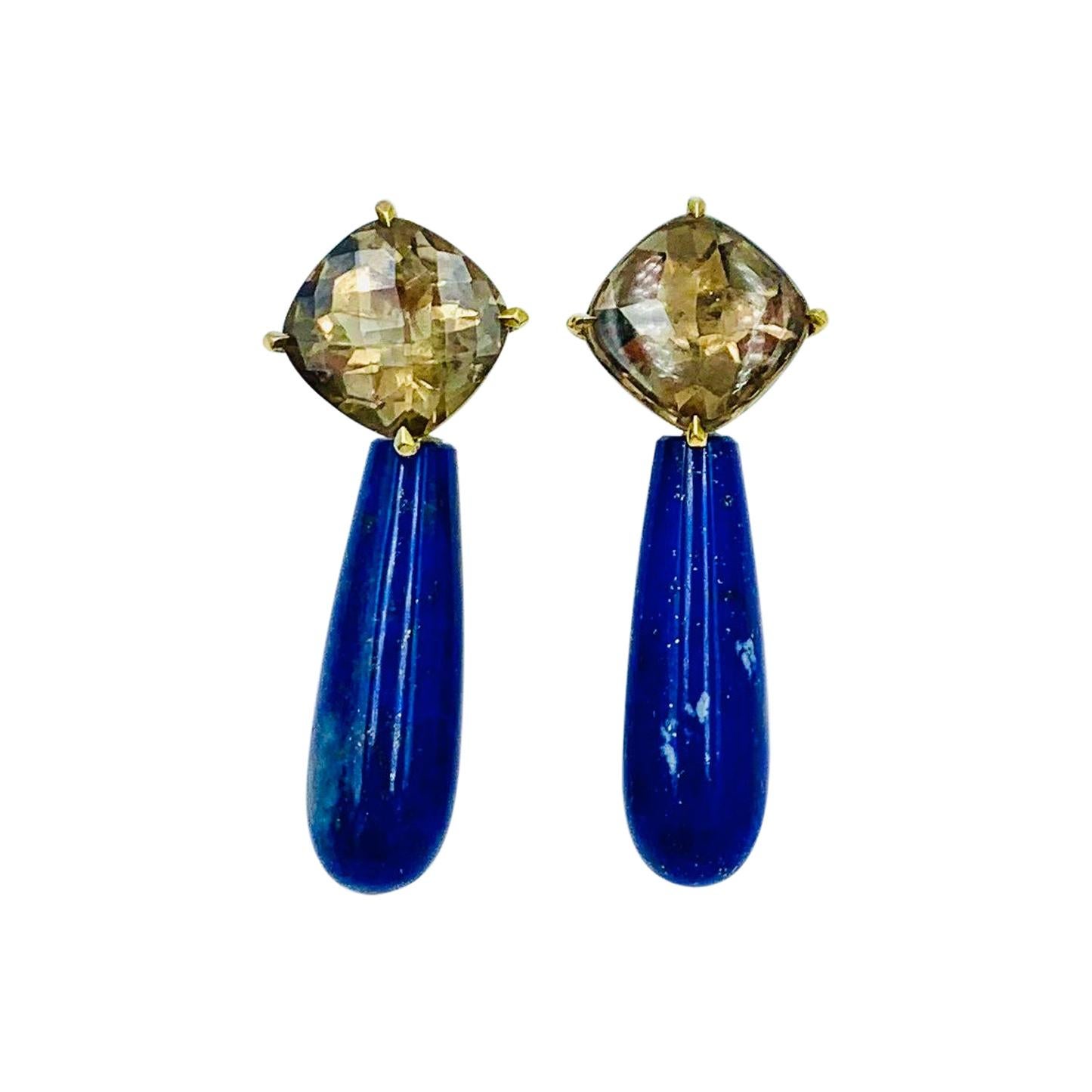 Yellow Gold Rose Cut Smokey Quartz and Lapis Lazuli Smooth Briolette For Sale