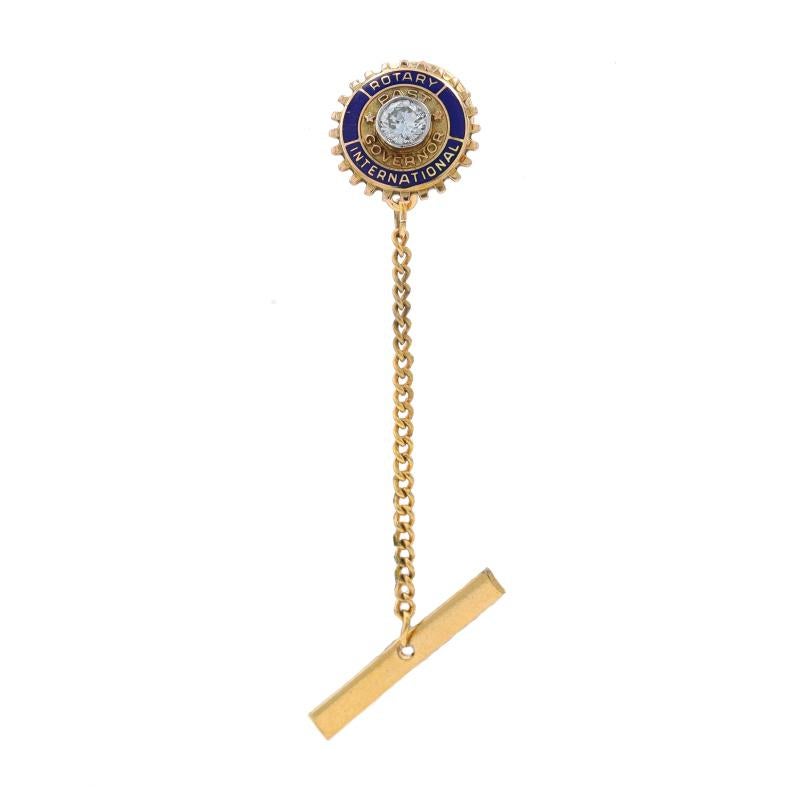 Organization: Rotary International
Era: Vintage

Metal Content: 10k Yellow Gold & 10k White Gold

Stone Information
Natural Diamond
Carat(s): .20ct
Cut: Round Brilliant
Color: H
Clarity: SI1

Material Information
Enamel
Color: Blue

Fastening Type: