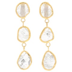 Yellow Gold Rough Diamond Slices Dangle Earrings, 18 Karat Pierced