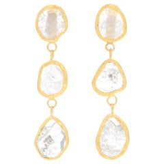 Yellow Gold Rough Diamond Slices Dangle Earrings, 18 Karat Pierced