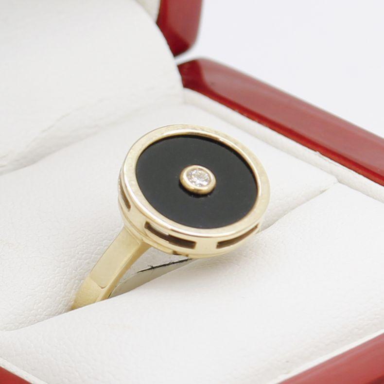 Women's Yellow Gold Round Black Onyx Ring with Diamond Bezel Set For Sale