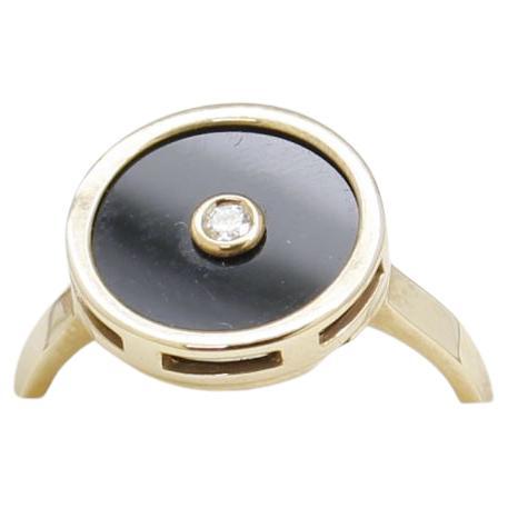 Yellow Gold Round Black Onyx Ring with Diamond Bezel Set For Sale