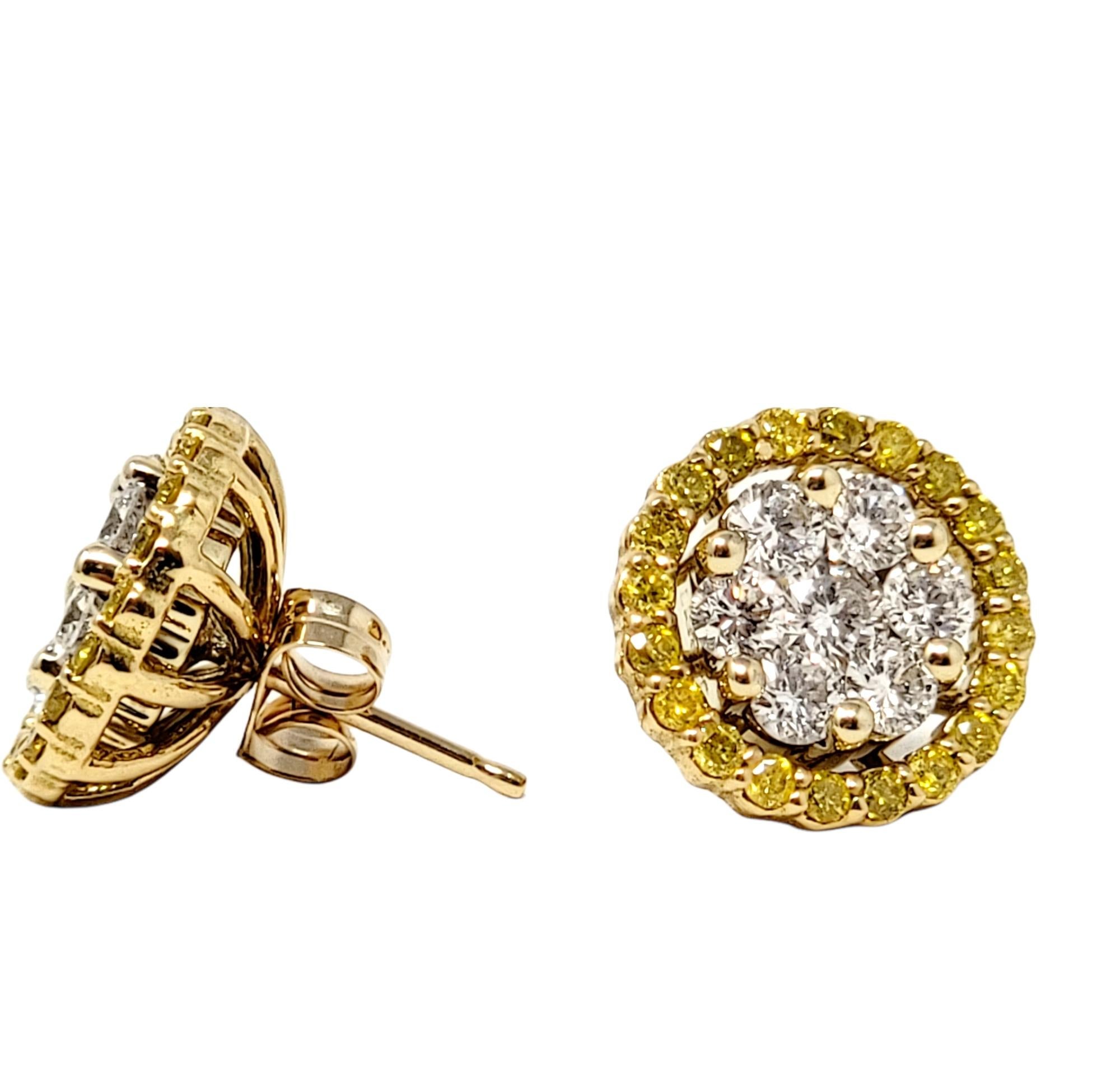 Contemporary Yellow Gold Round Diamond Cluster Stud Earrings with Yellow Diamond Halo Jackets For Sale