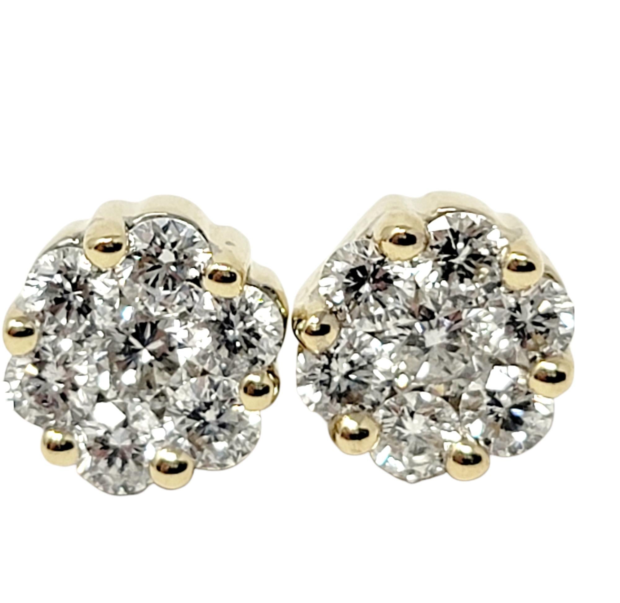 Round Cut Yellow Gold Round Diamond Cluster Stud Earrings with Yellow Diamond Halo Jackets For Sale