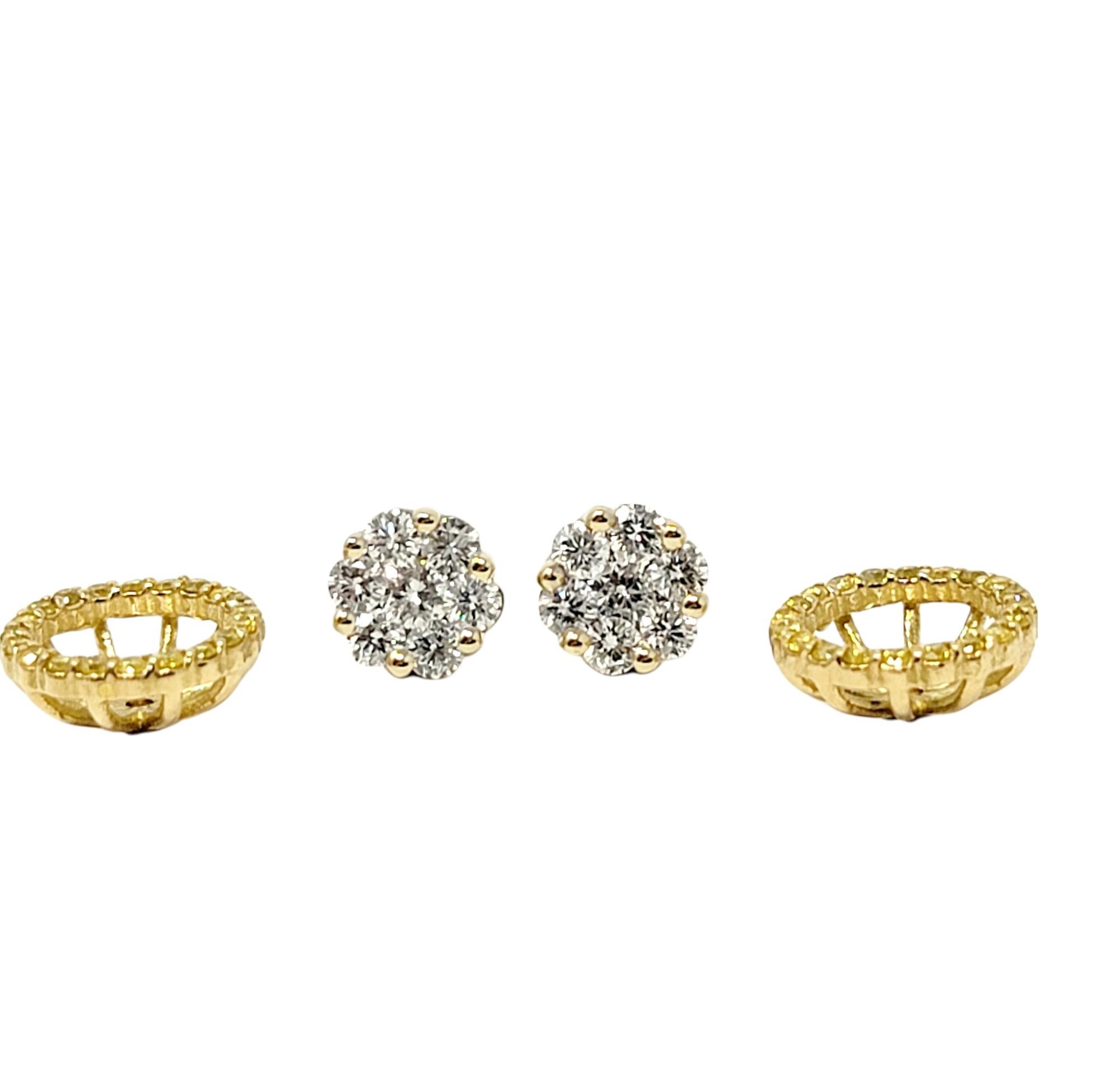 Women's Yellow Gold Round Diamond Cluster Stud Earrings with Yellow Diamond Halo Jackets For Sale