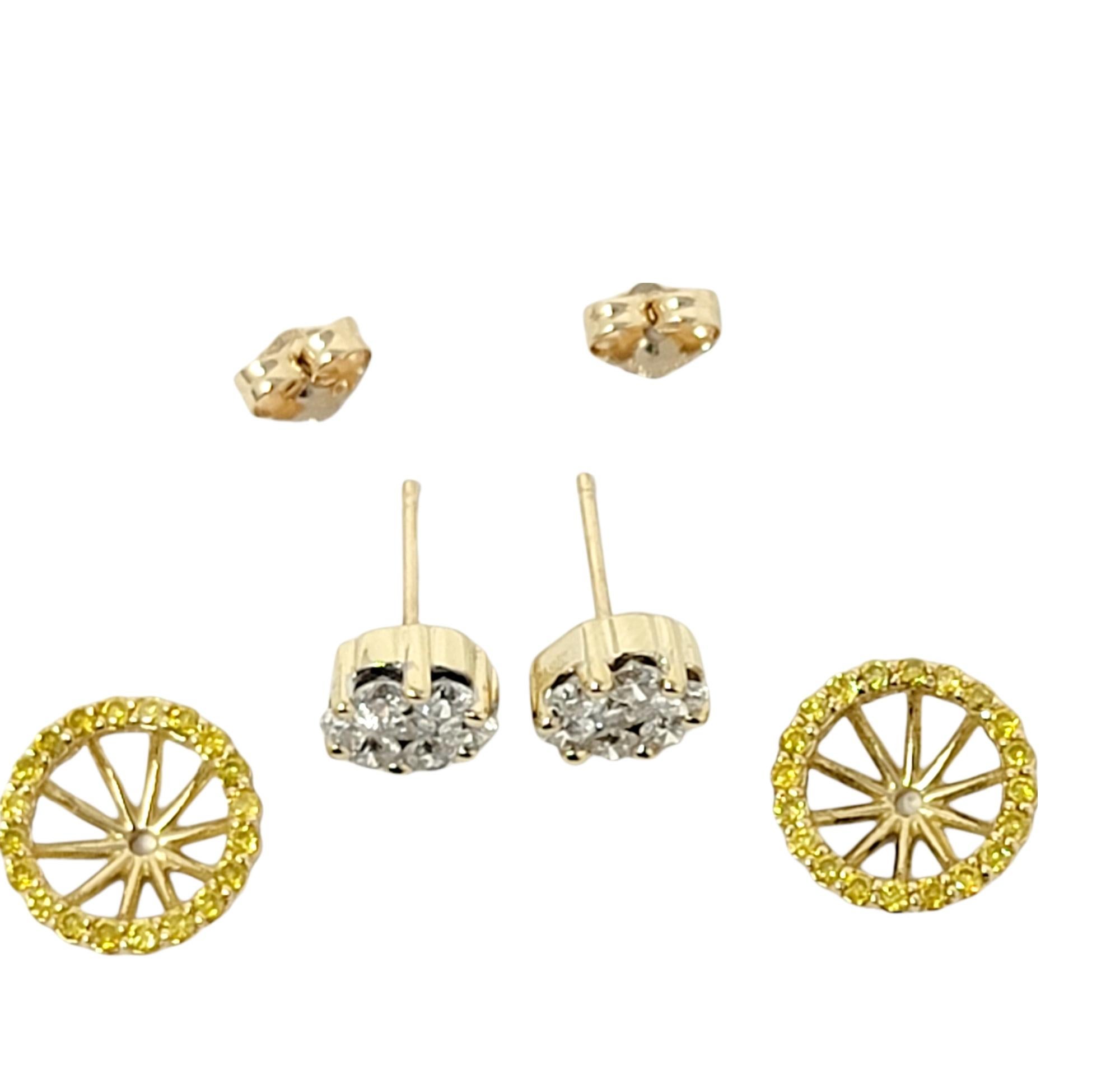 Yellow Gold Round Diamond Cluster Stud Earrings with Yellow Diamond Halo Jackets For Sale 1