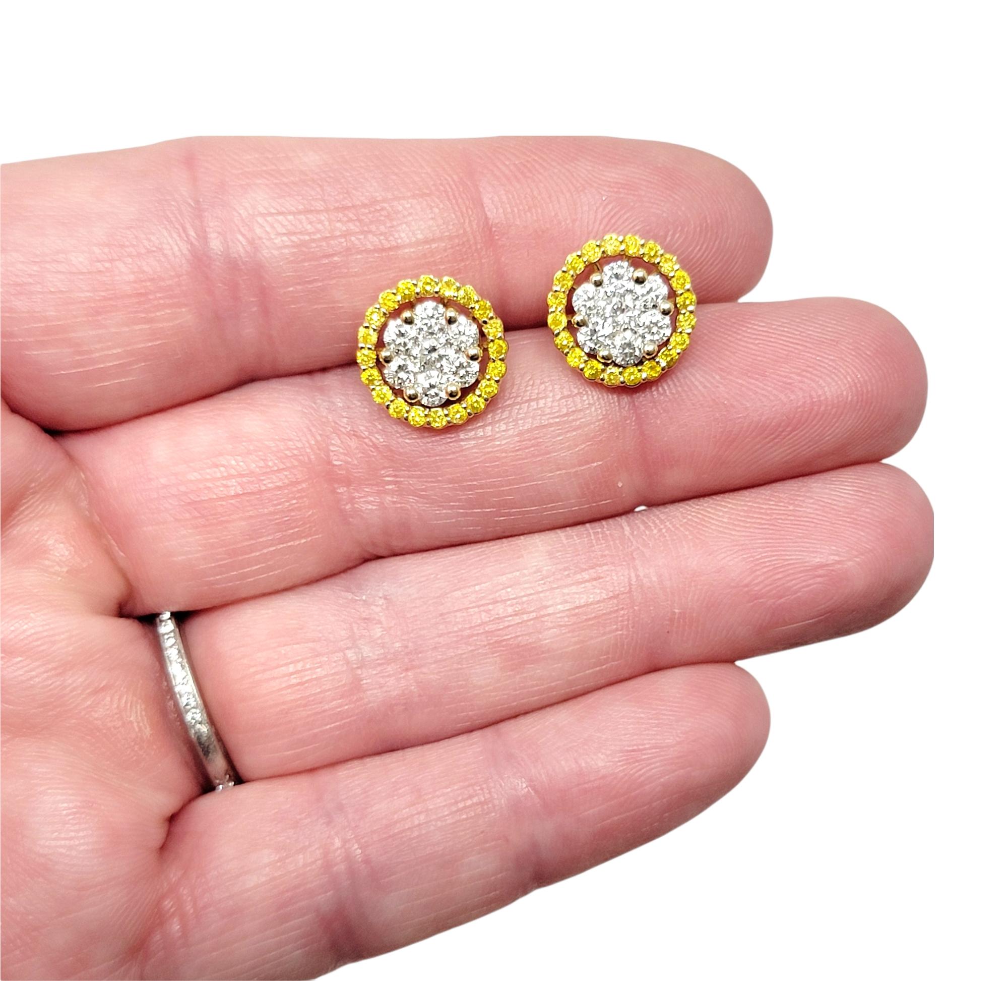 Yellow Gold Round Diamond Cluster Stud Earrings with Yellow Diamond Halo Jackets For Sale 2