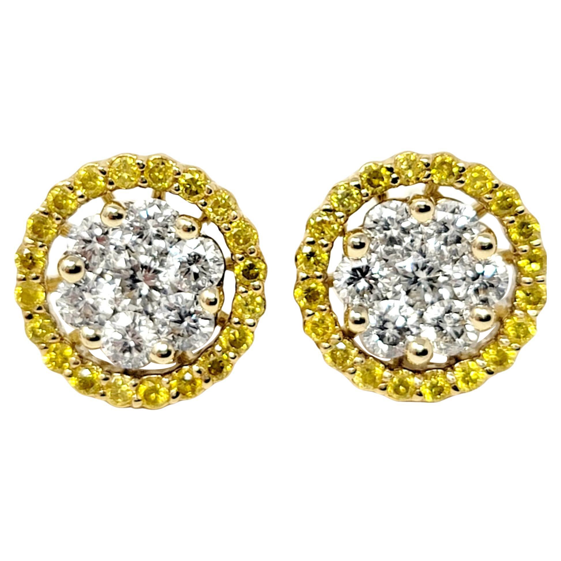 Orecchini a grappolo di diamanti rotondi in oro giallo con diamanti gialli a raggiera