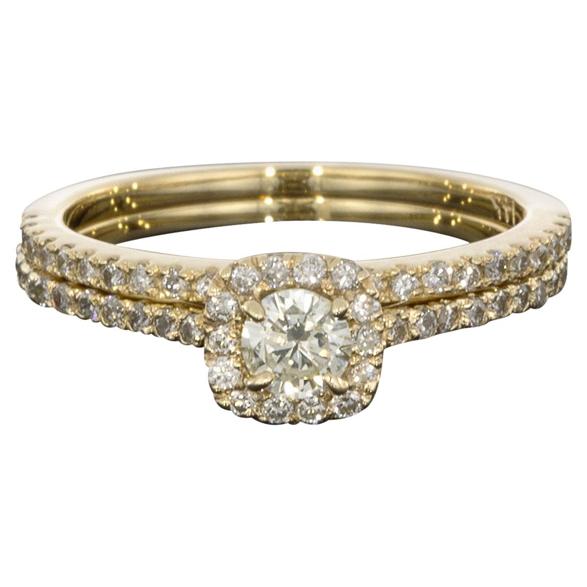 Yellow Gold Round Diamond Cushion Halo Engagement Ring Wedding Set